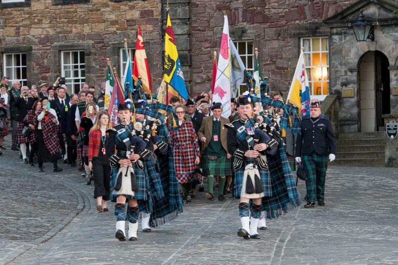 Clans Maclean, Bourn and Woods proceeding  from the Great Hall at Edninburg Cast